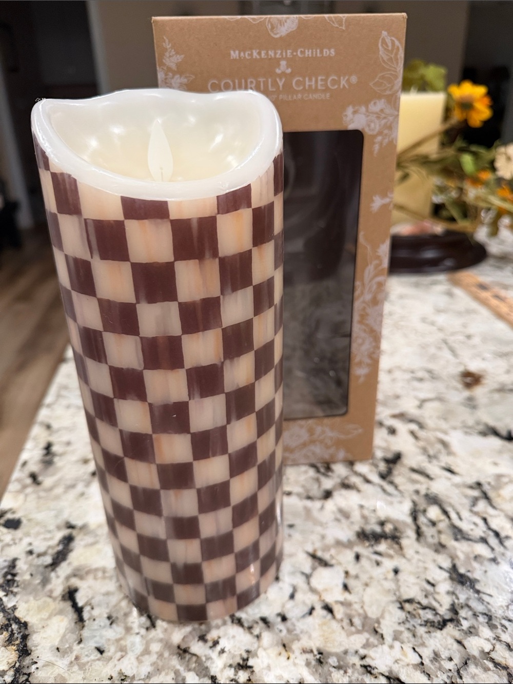 MacKenzie-Childs Brown and Cream Courtly Check Pillar Candle.   Does not light